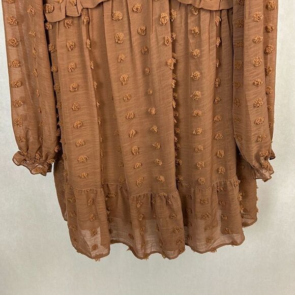 NEW Swiss Polka Dot Chiffon Dress Sz Small Pom Mini Tan Mocha Brown Long Sleeve - Picture 3 of 10